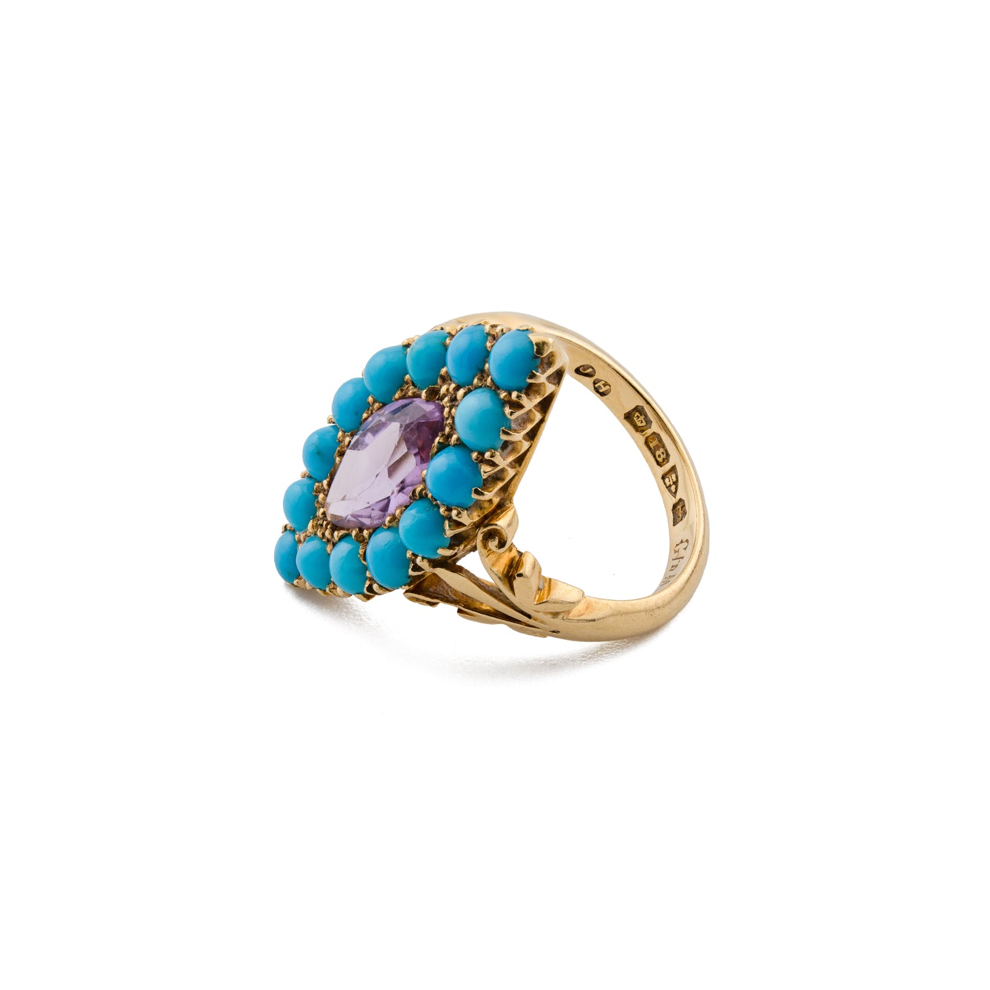 Edwardian Turquoise and Amethyst Navette Ring in 18ct Gold