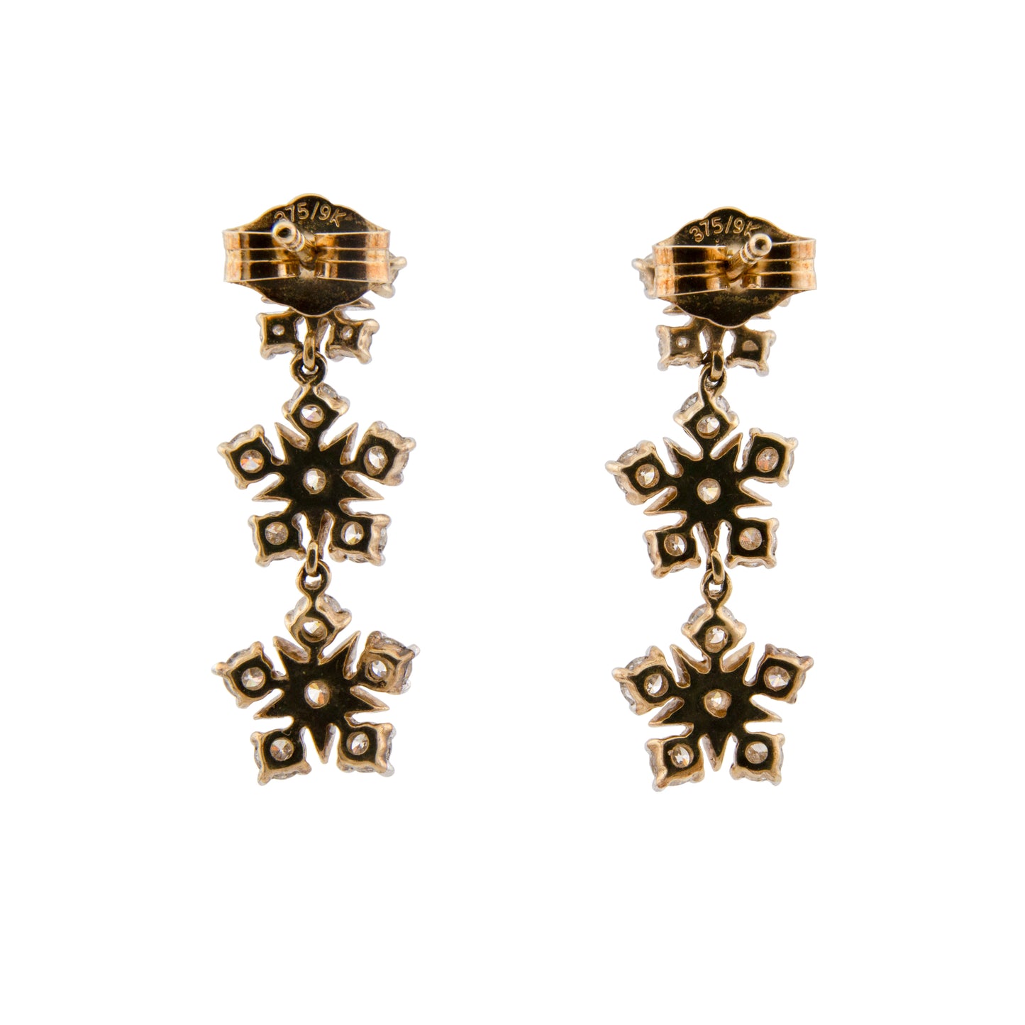 Vintage 9ct Two-Tone Gold Diamond Snowflake Drop Earrings