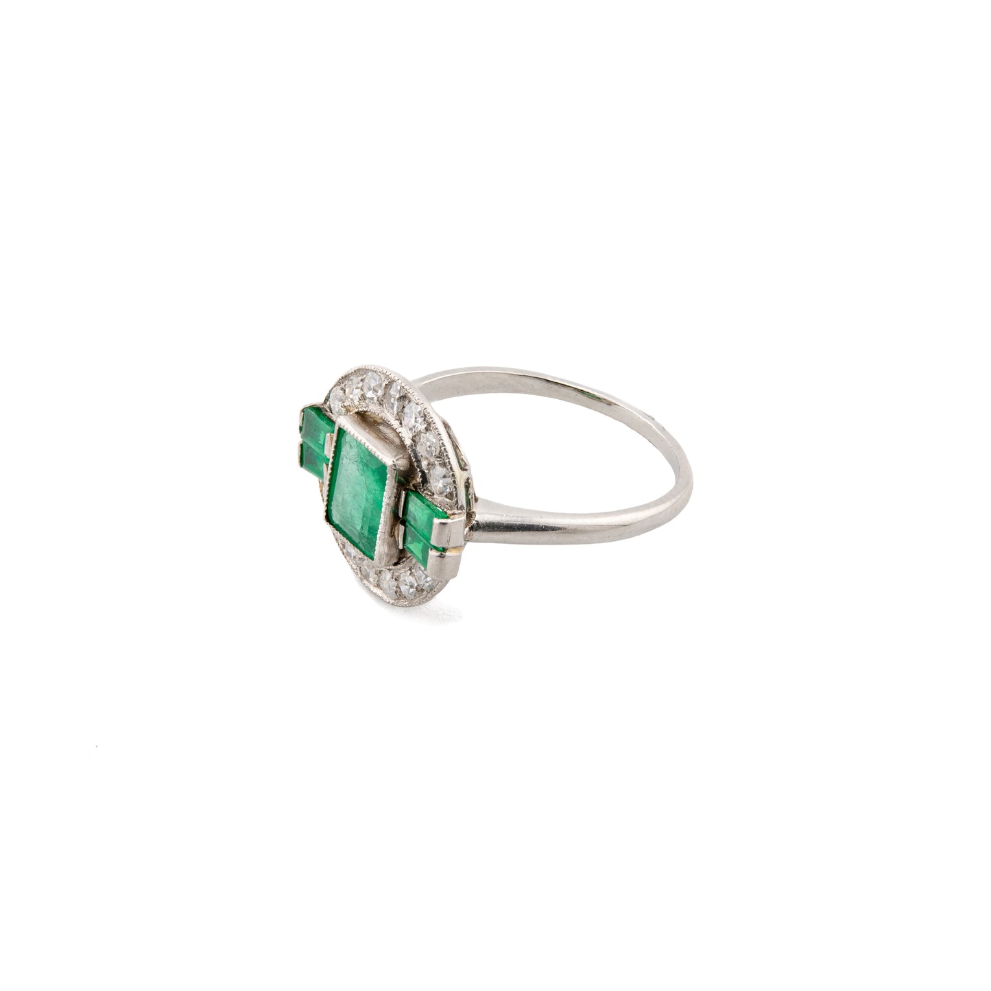 Art Deco-Style 18ct White Gold Emerald and Diamond Target Ring
