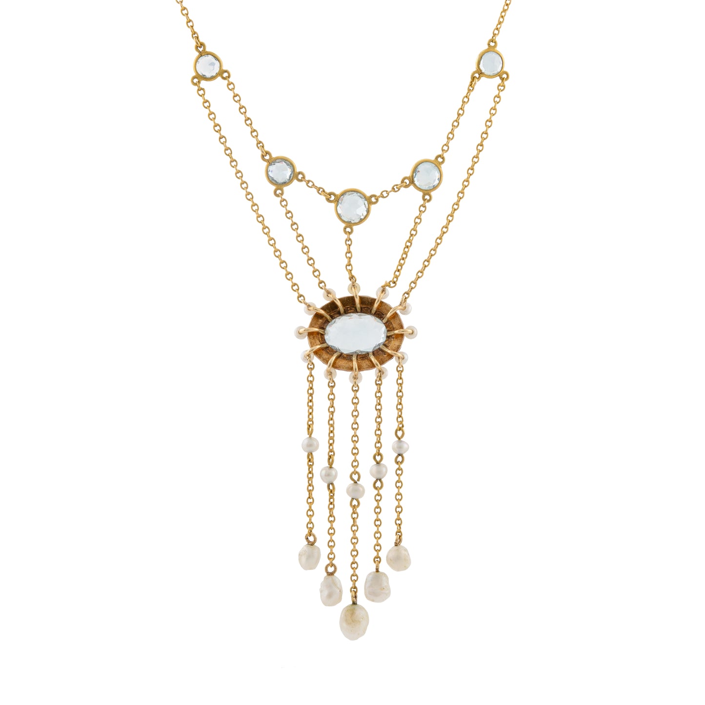 Victorian Aquamarine and Natural Pearl Tassel Drop Necklace in 15ct Gold