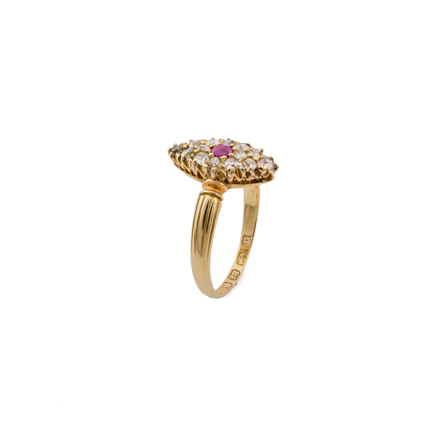 Victorian Burma Ruby and Diamond Navette Ring in 18ct Gold