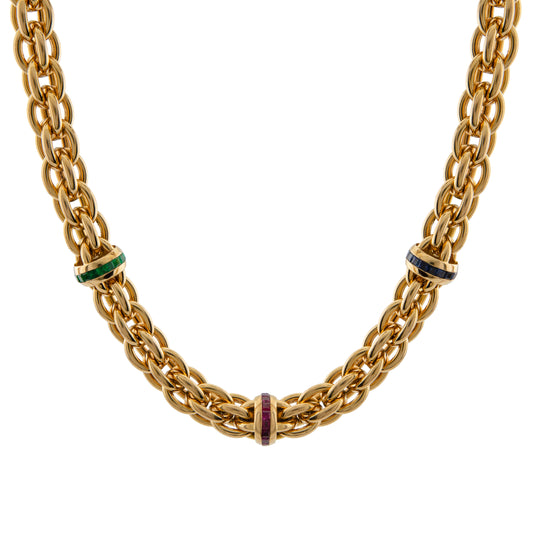 Vintage 18ct Gold Emerald, Sapphire & Ruby Rondelle Necklace