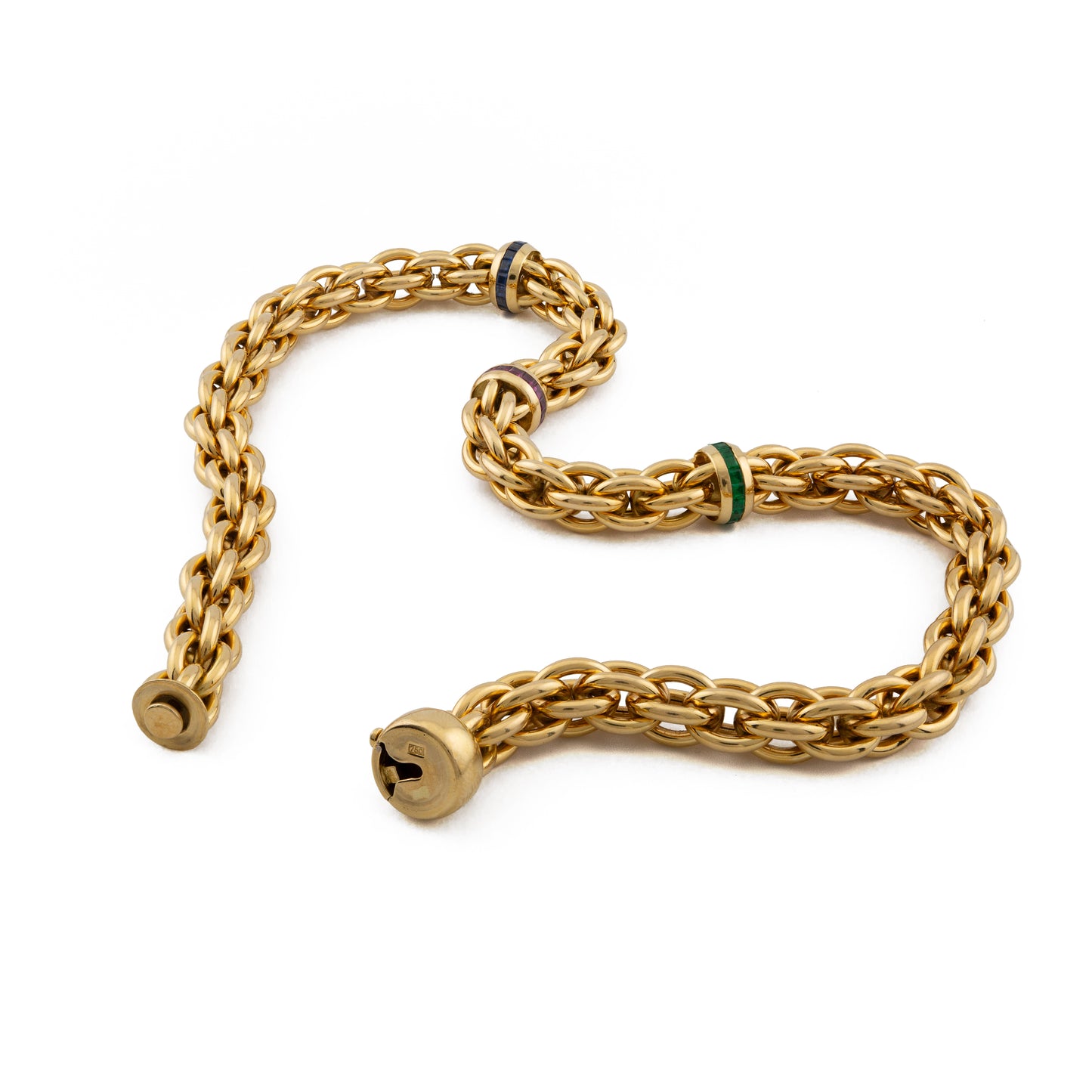 Vintage 18ct Gold Emerald, Sapphire & Ruby Rondelle Necklace