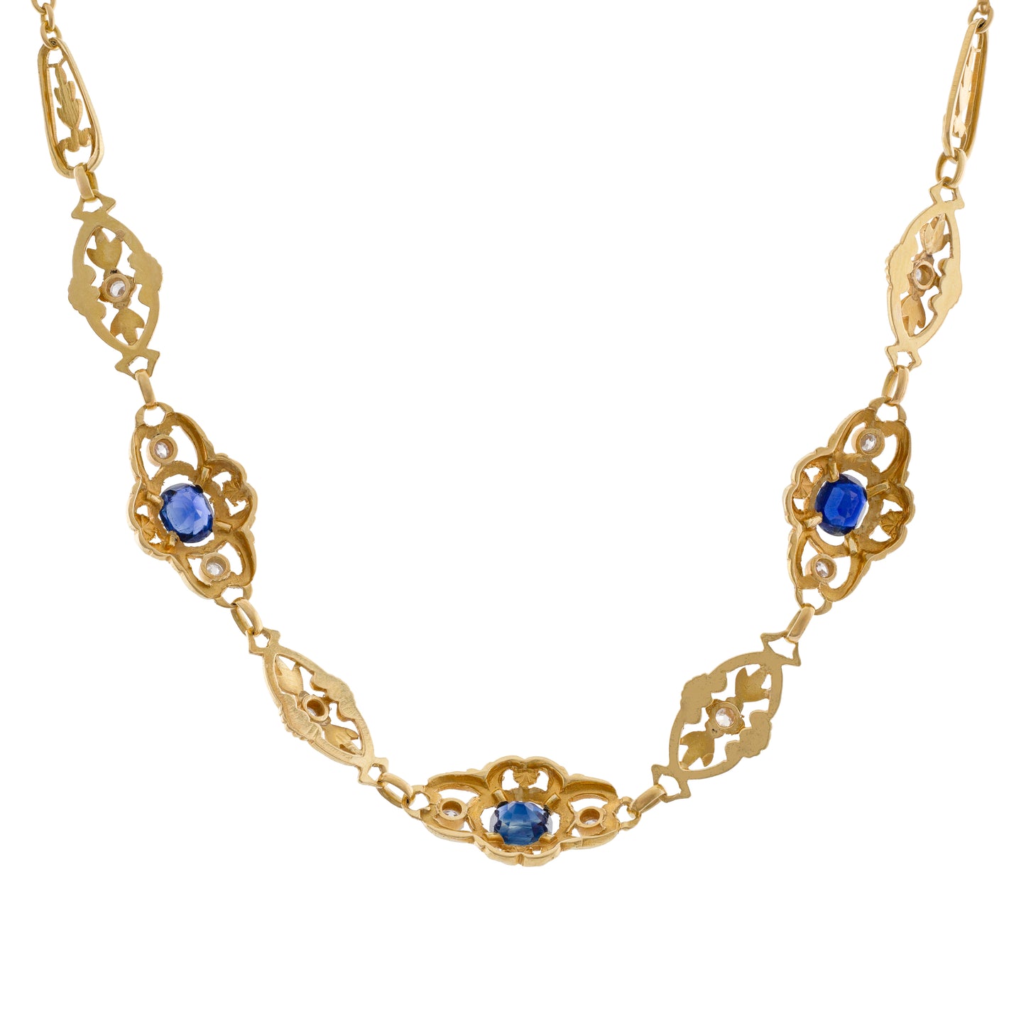 Art Nouveau 18ct Gold Sapphire & Diamond Openwork Necklace