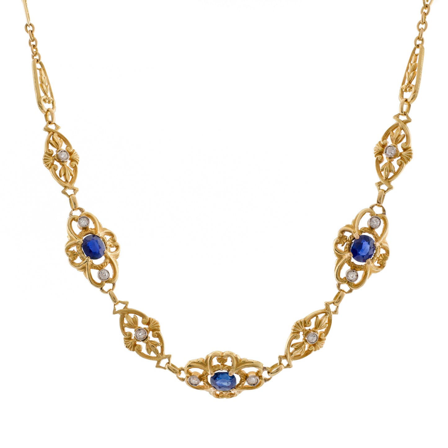 Art Nouveau 18ct Gold Sapphire & Diamond Openwork Necklace