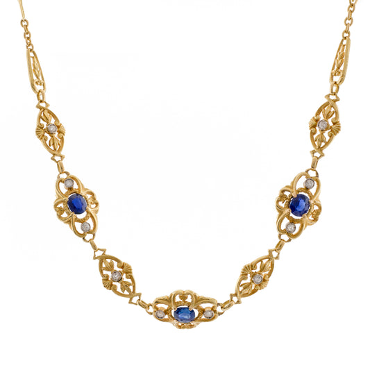 Art Nouveau 18ct Gold Sapphire & Diamond Openwork Necklace