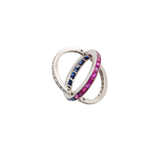 Art Deco Platinum Ruby, Sapphire & Diamond Day & Night Flip Ring