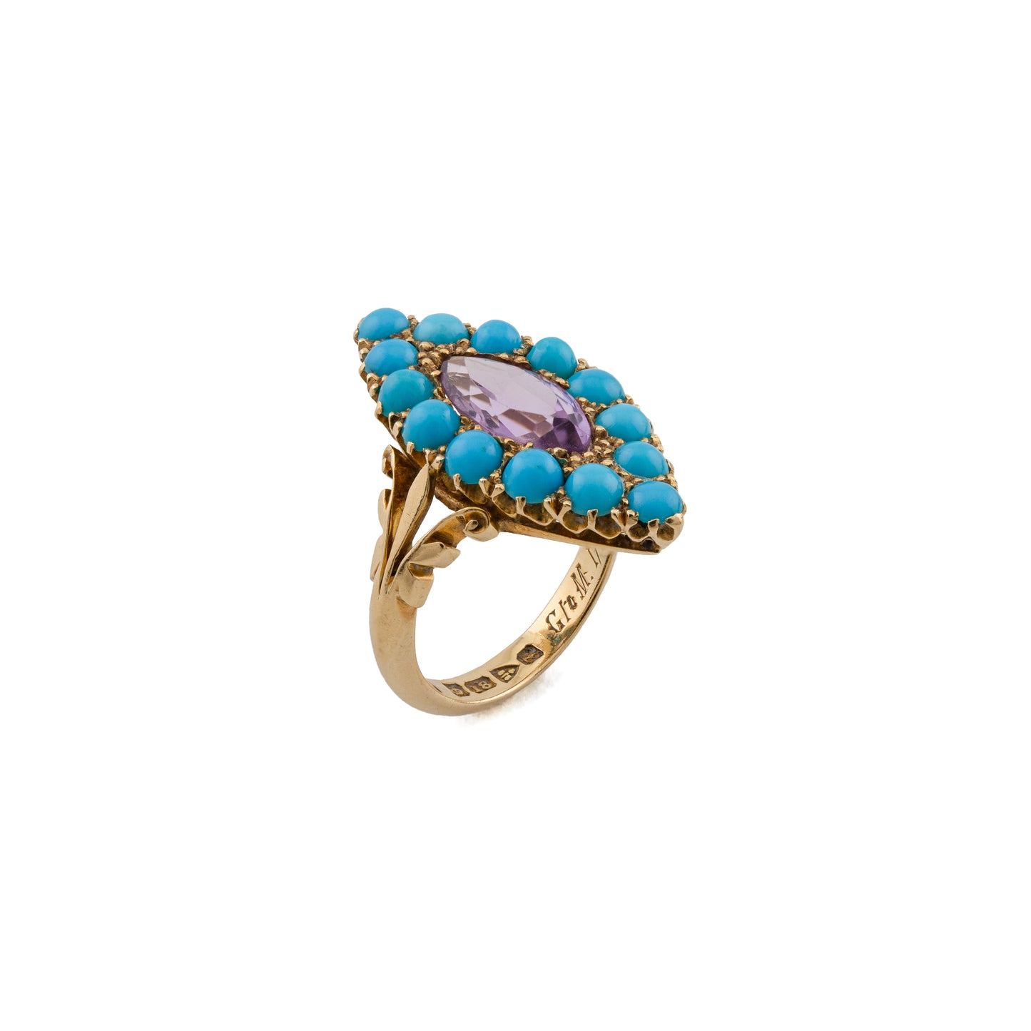 Edwardian Turquoise and Amethyst Navette Ring in 18ct Gold
