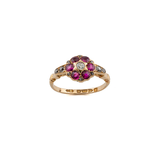 Edwardian 18ct Gold Diamond and Ruby Cluster Ring
