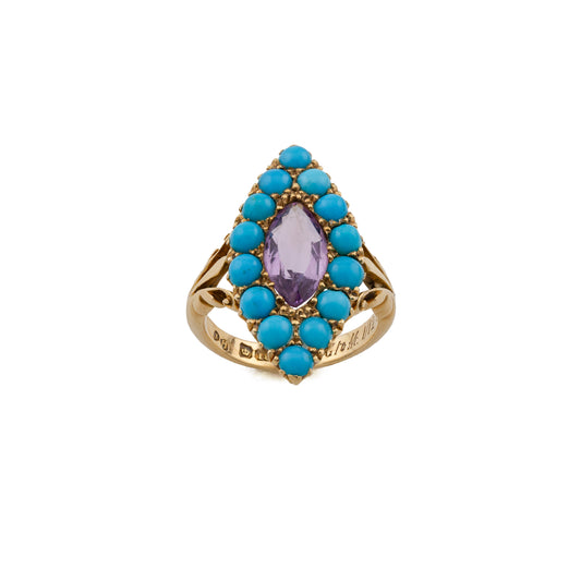 Edwardian Turquoise and Amethyst Navette Ring in 18ct Gold