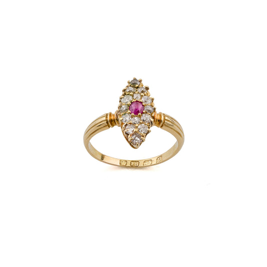 Victorian Burma Ruby and Diamond Navette Ring in 18ct Gold