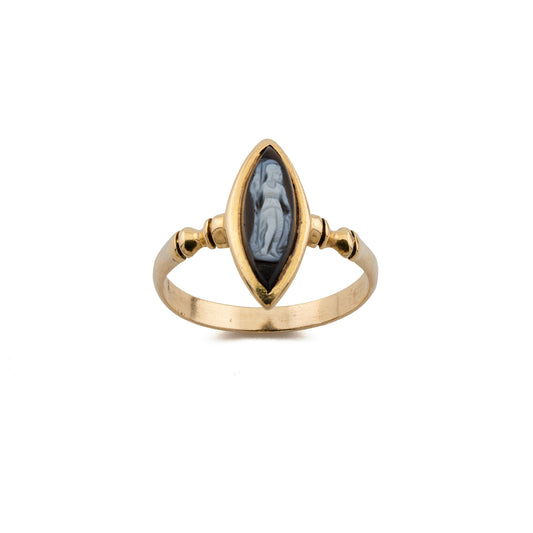 Victorian 18ct Gold Banded Agate Cameo Navette Ring