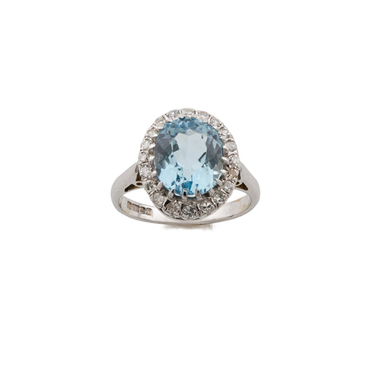 18ct White Gold Aquamarine and Diamond Halo Cluster Ring