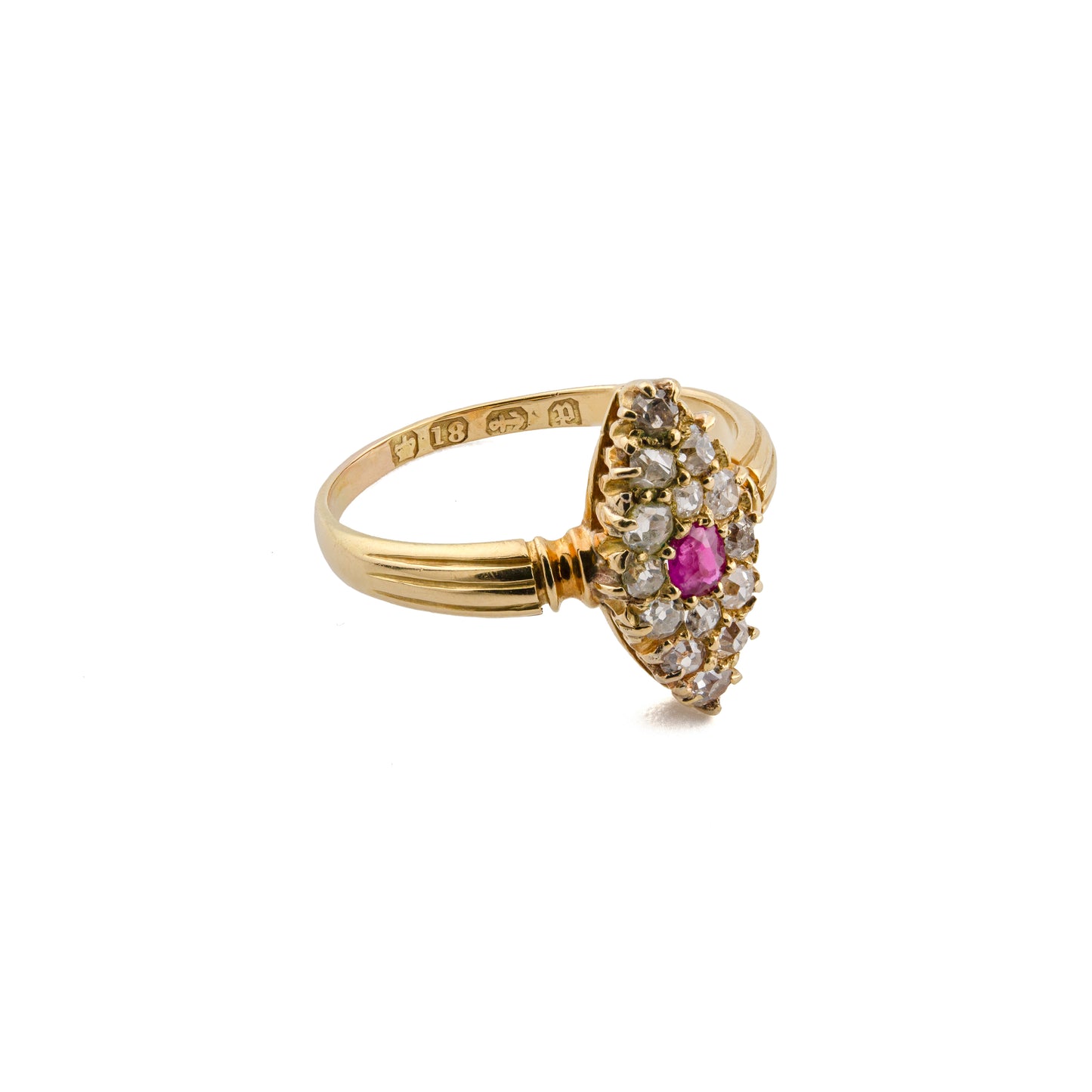 Victorian Burma Ruby and Diamond Navette Ring in 18ct Gold