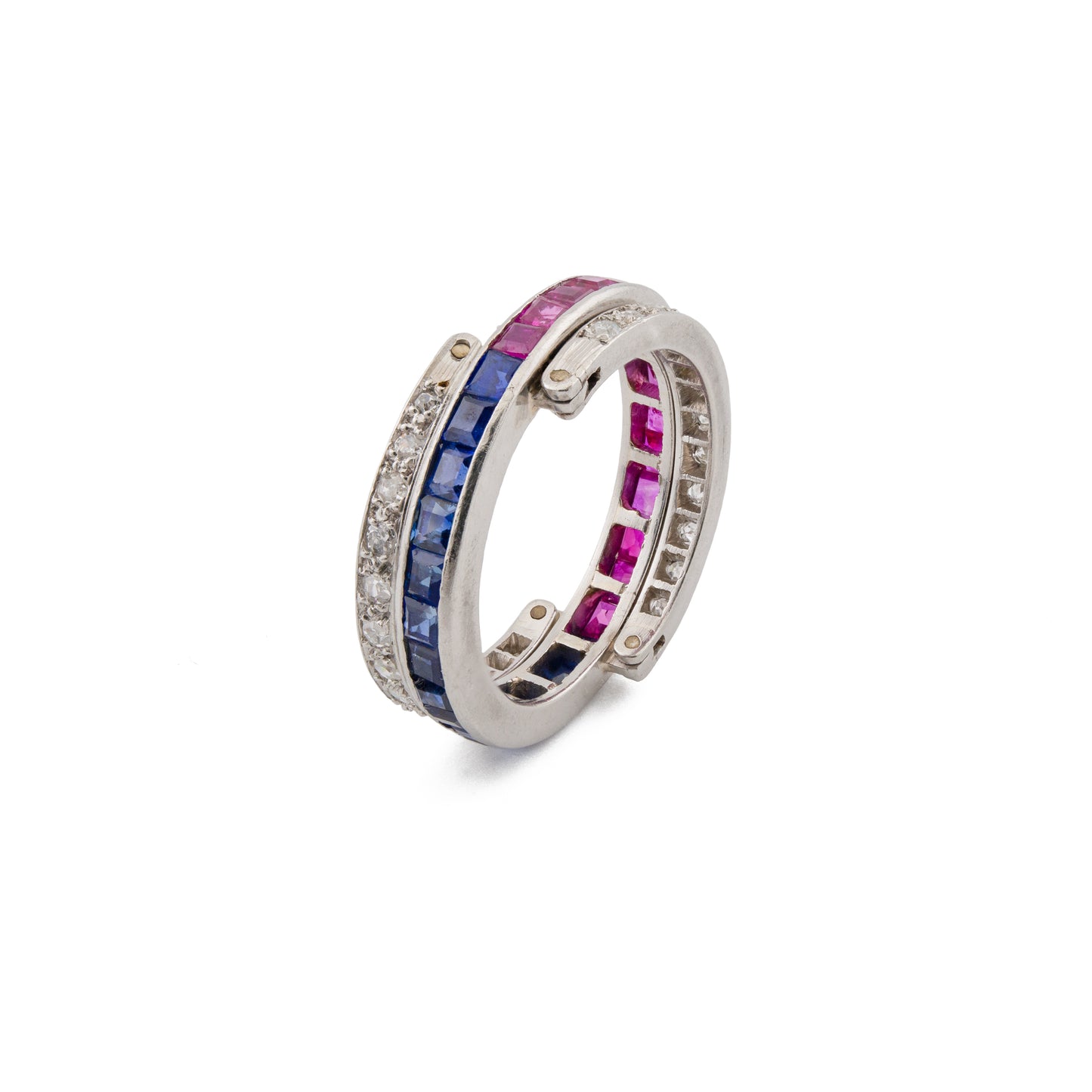 Art Deco Platinum Ruby, Sapphire & Diamond Day & Night Flip Ring