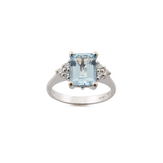 18ct White Gold Emerald Cut Aquamarine and Diamond Ring