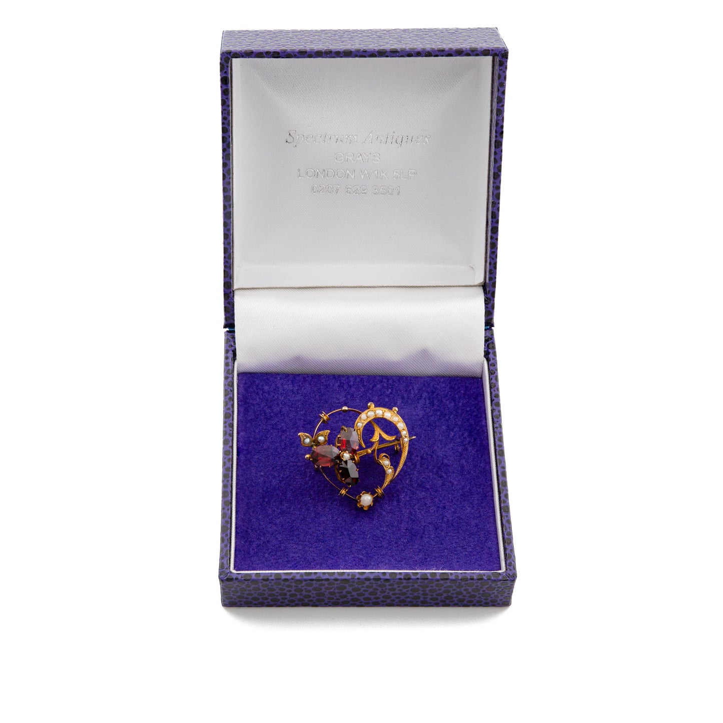 Garnet and Seed Pearl Celestial Heart Brooch in 9ct Gold