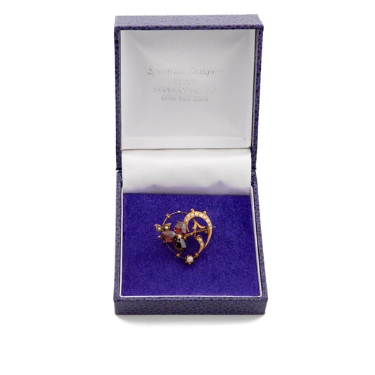 Garnet and Seed Pearl Celestial Heart Brooch in 9ct Gold