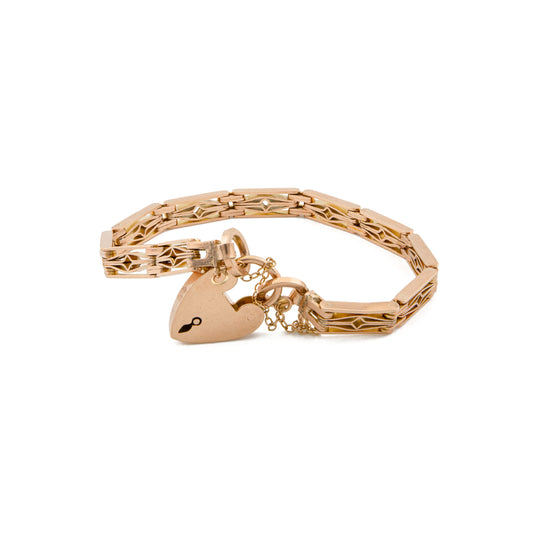 Edwardian Fancy Gate Link Bracelet with Heart Padlock in 9ct Rose Gold