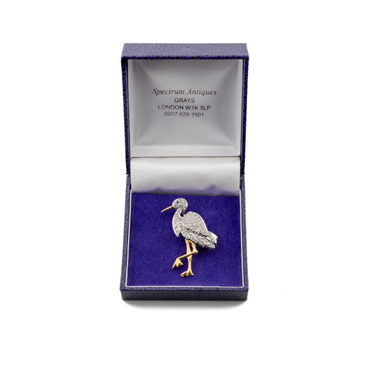 18ct Gold Diamond Pavé Heron Brooch with Emerald Eye