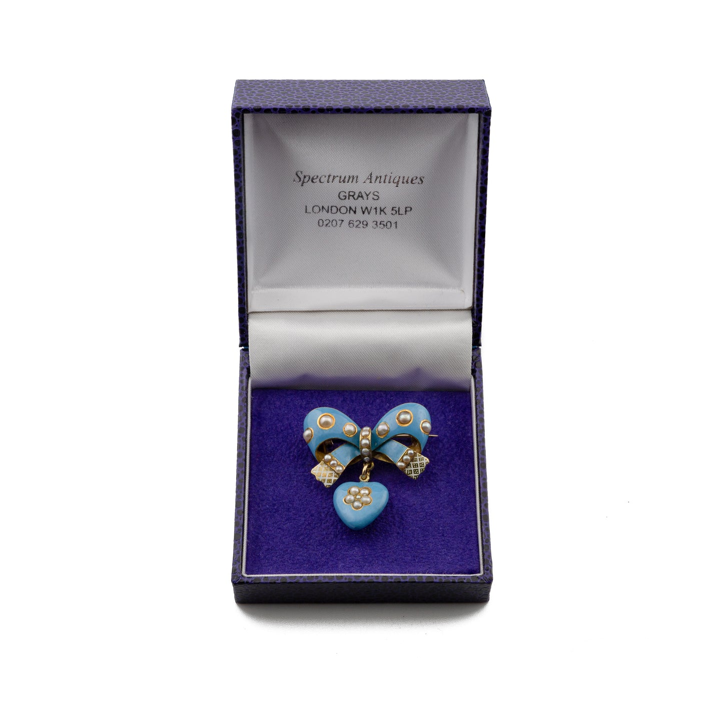 Victorian Gold Blue Enamel and Seed Pearl Bow Brooch with Heart Locket Drop