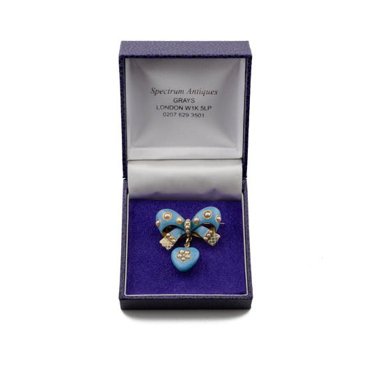 Victorian Gold Blue Enamel and Seed Pearl Bow Brooch with Heart Locket Drop