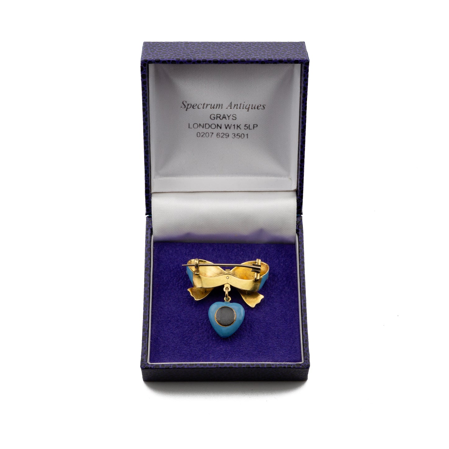 Victorian Gold Blue Enamel and Seed Pearl Bow Brooch with Heart Locket Drop