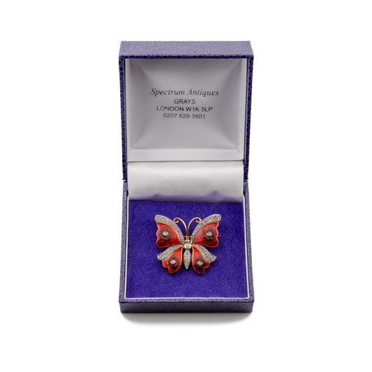 Vintage 18ct Gold Red Enamel & Diamond Butterfly Brooch