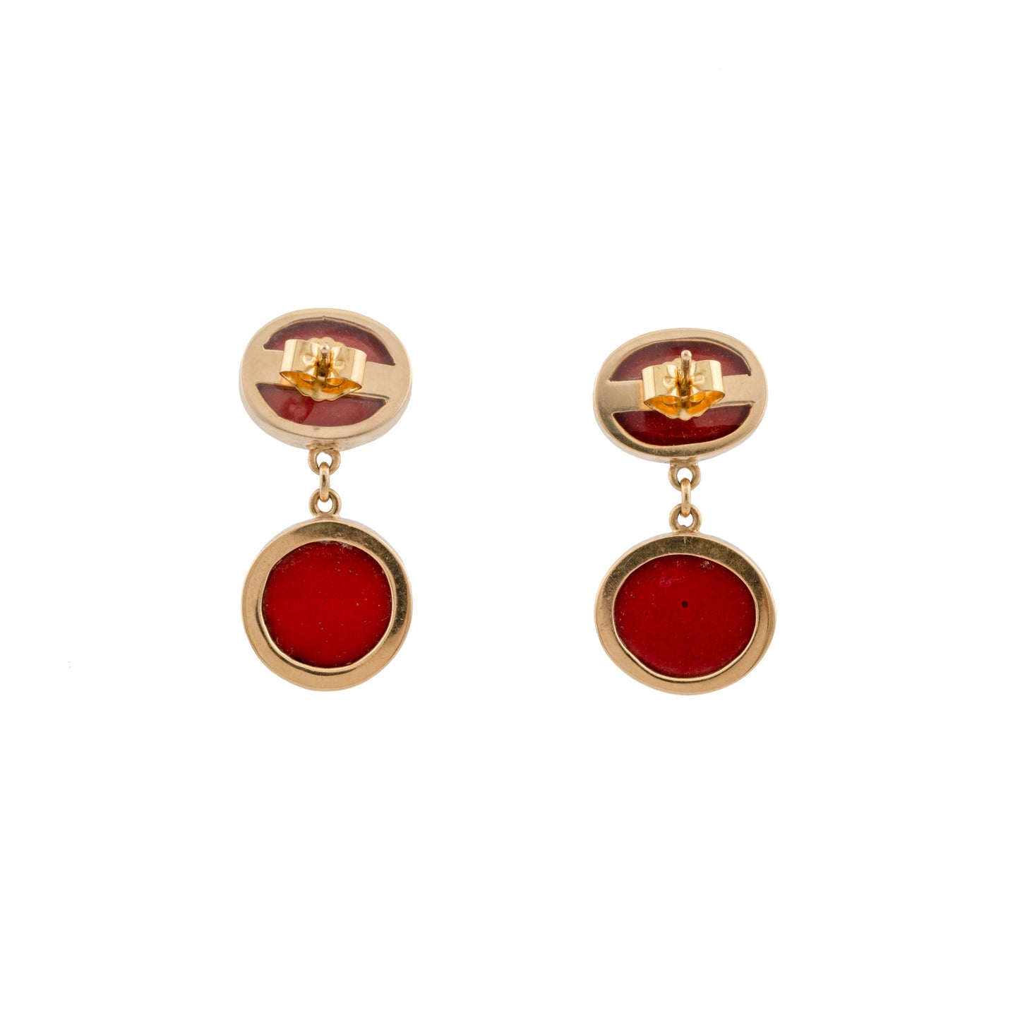 9ct Yellow Gold Rubover Coral Drop Earrings