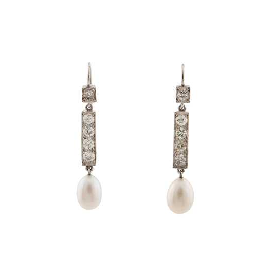 Art Deco Platinum Diamond & Pearl Drop Earrings, c.1920