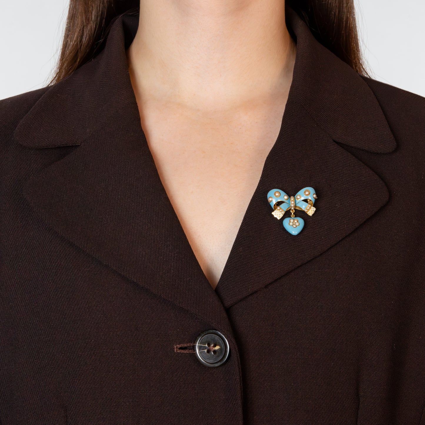 Victorian Gold Blue Enamel and Seed Pearl Bow Brooch with Heart Locket Drop