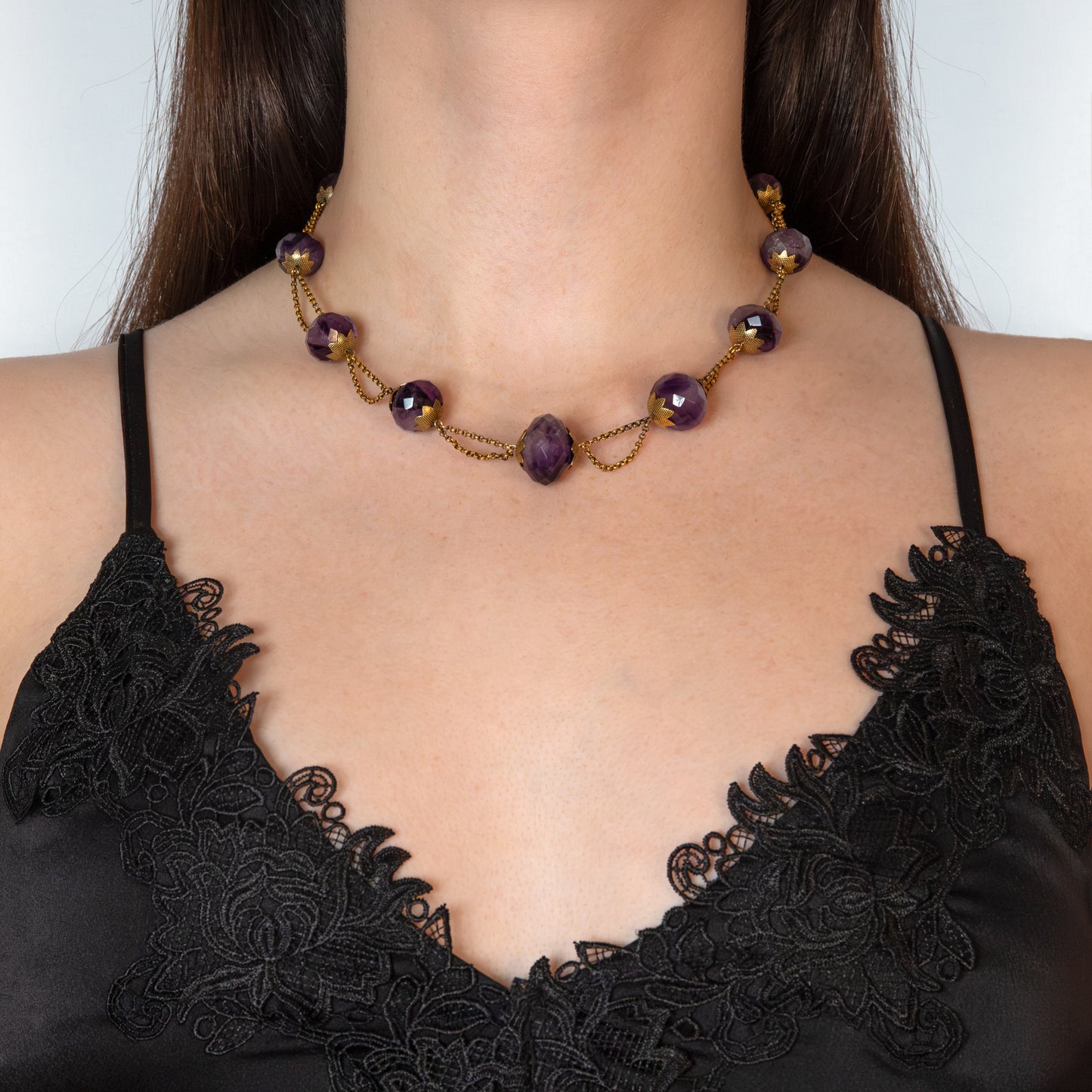 Victorian 15ct Gold Faceted Amethyst Station Necklace