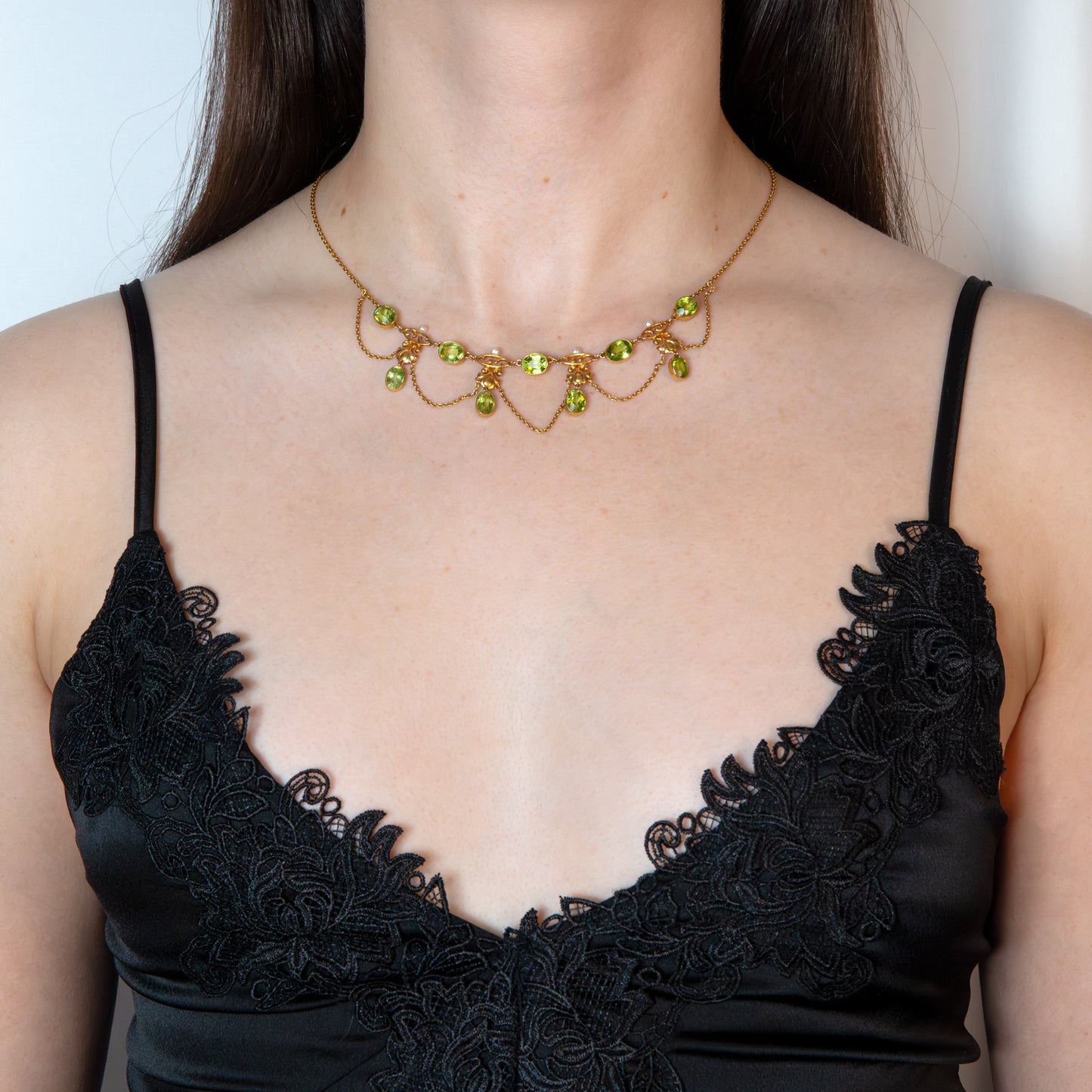 Peridot and Seed Pearl Fringe Necklace in 15ct Gold