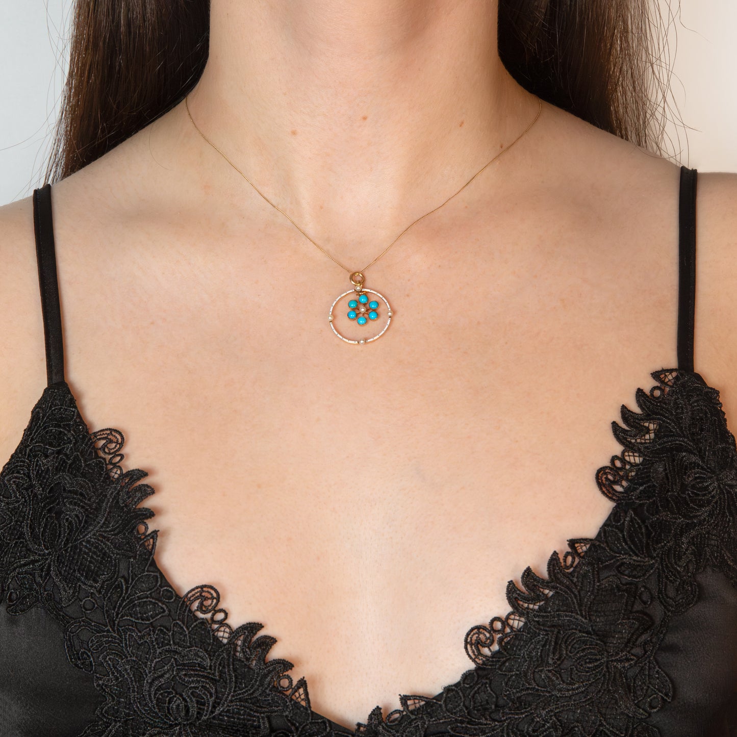 Victorian 15ct Gold Enamel Turquoise & Pearl Flower Pendant