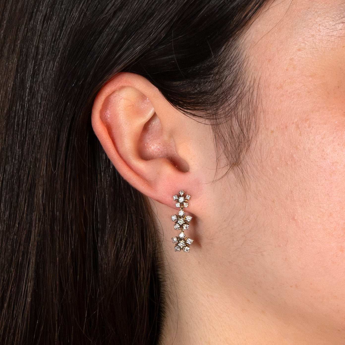 Vintage 9ct Two-Tone Gold Diamond Snowflake Drop Earrings