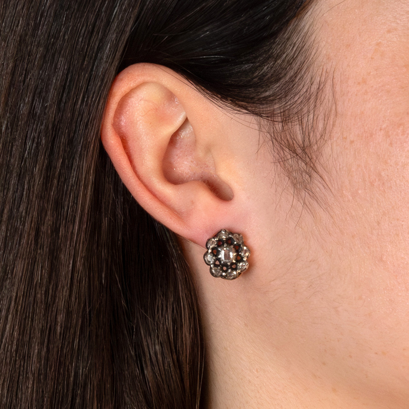 Victorian Old Cut Diamond Cluster Stud Earrings