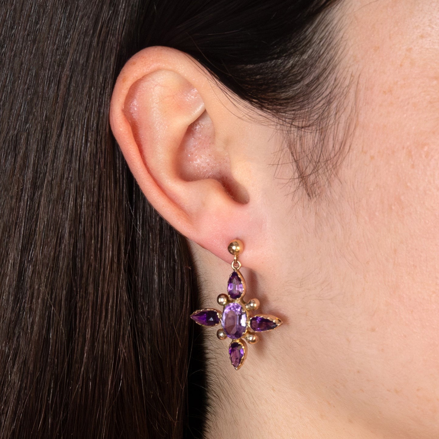 Vintage 10ct Yellow Gold Amethyst Star Drop Earrings