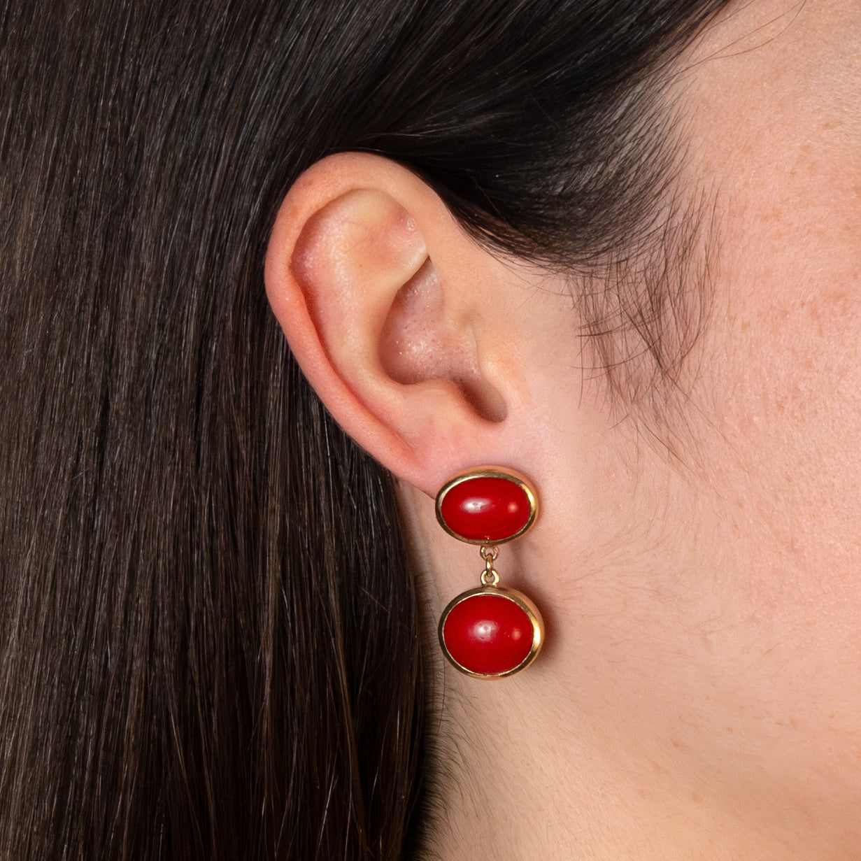 9ct Yellow Gold Rubover Coral Drop Earrings