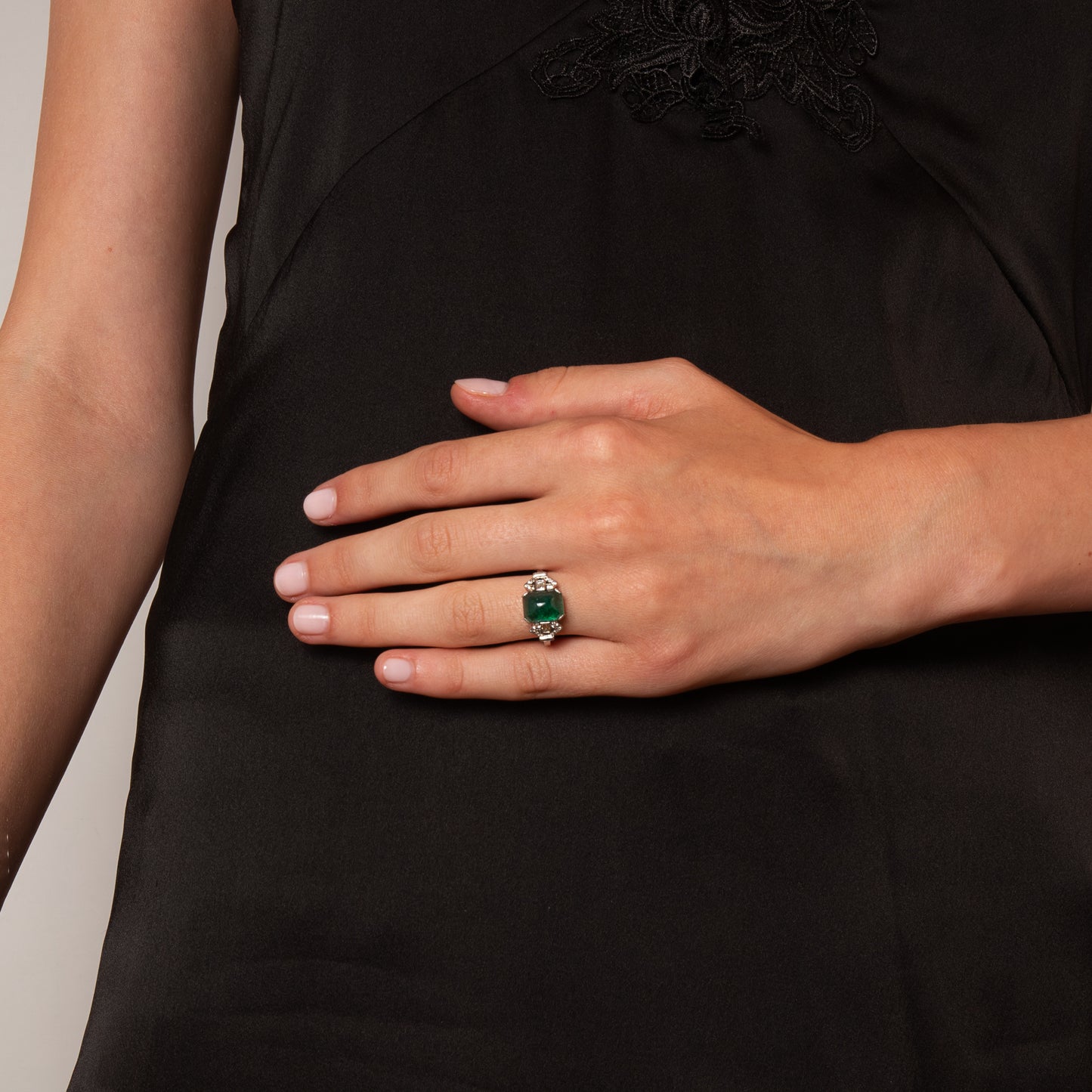 Platinum Sugarloaf Emerald and Diamond Cocktail Ring