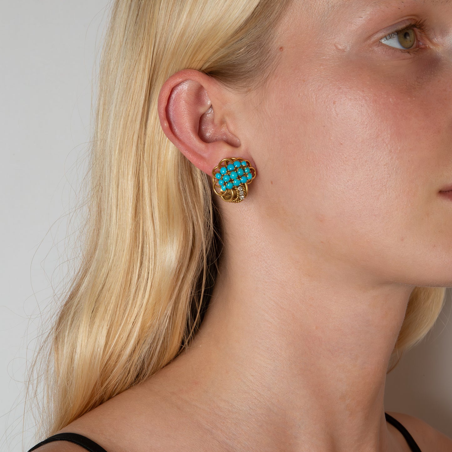 Vintage Turquoise & Diamond 18ct Yellow Gold Clip Earrings