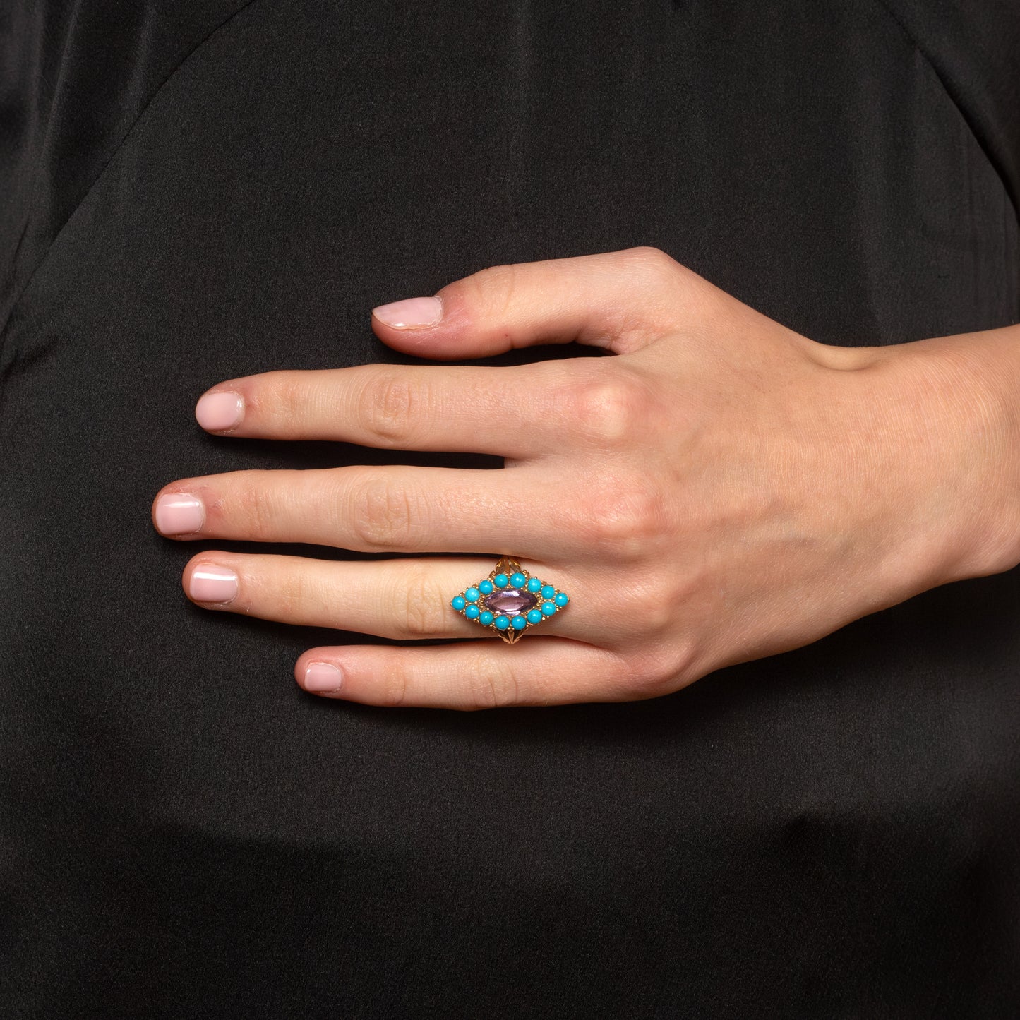 Edwardian Turquoise and Amethyst Navette Ring in 18ct Gold