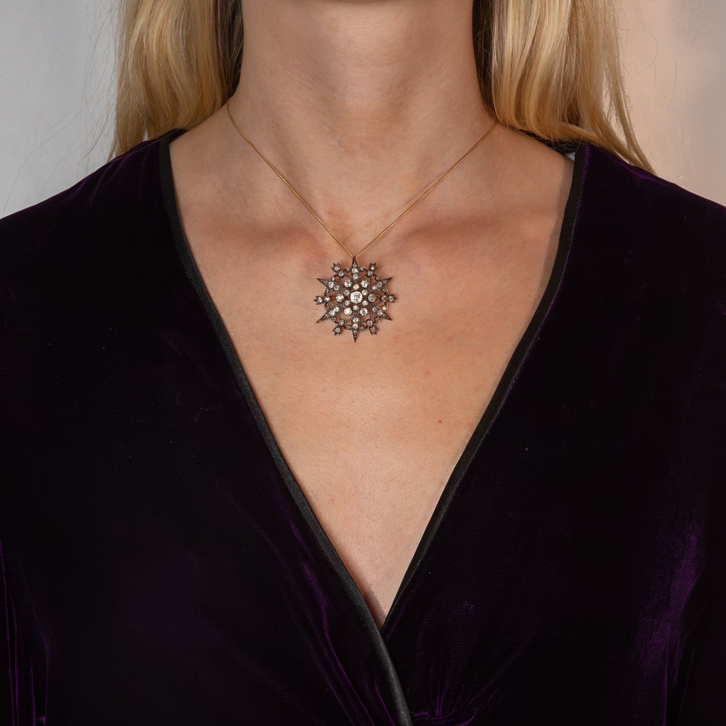 Victorian Silver-Topped Gold Diamond Starburst Cluster Brooch