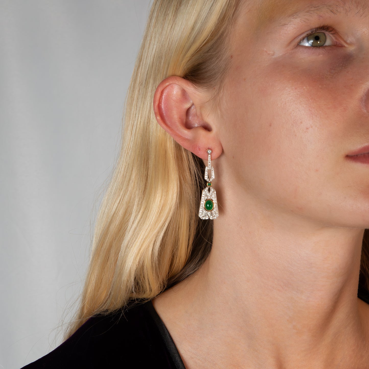 Art Deco Style 18ct Gold Emerald & Diamond Drop Earrings