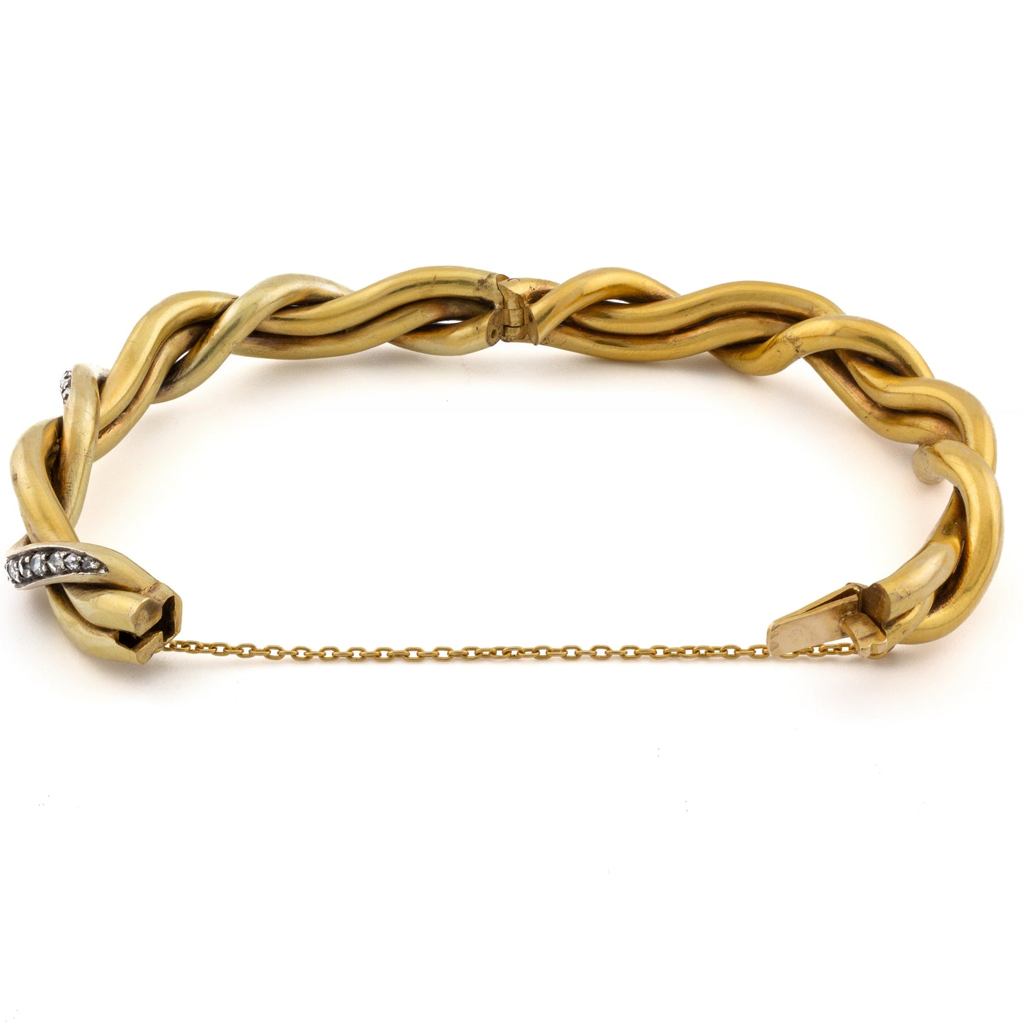 Braided French Yellow Gold Diamond Bangle