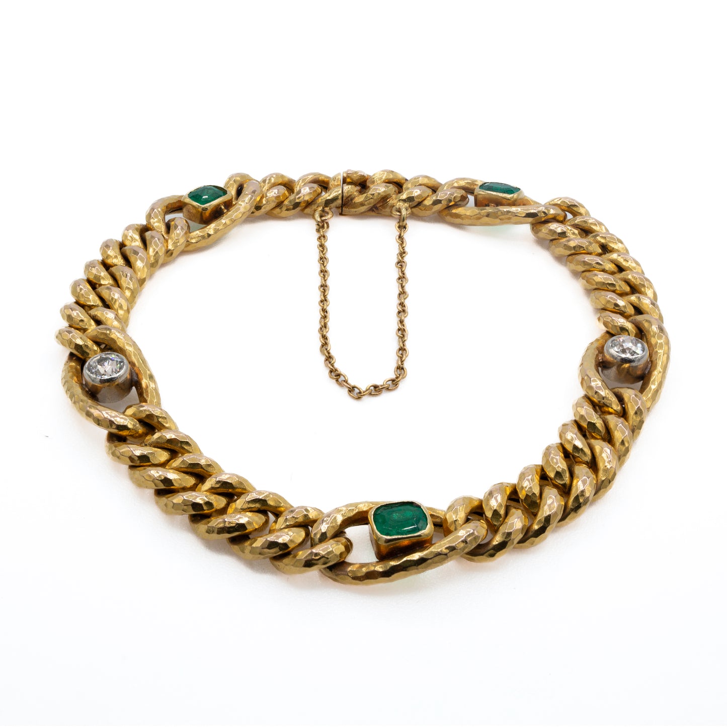 18ct French Curb Linked Diamond and Emerald Bracelet