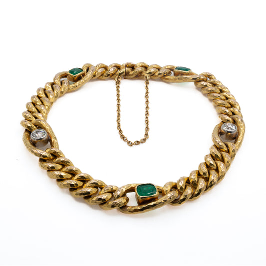 18ct French Curb Linked Diamond and Emerald Bracelet