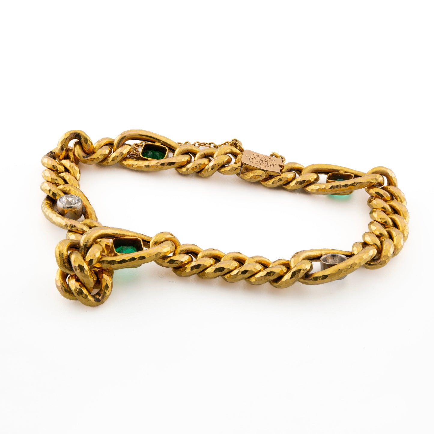 18ct French Curb Linked Diamond and Emerald Bracelet