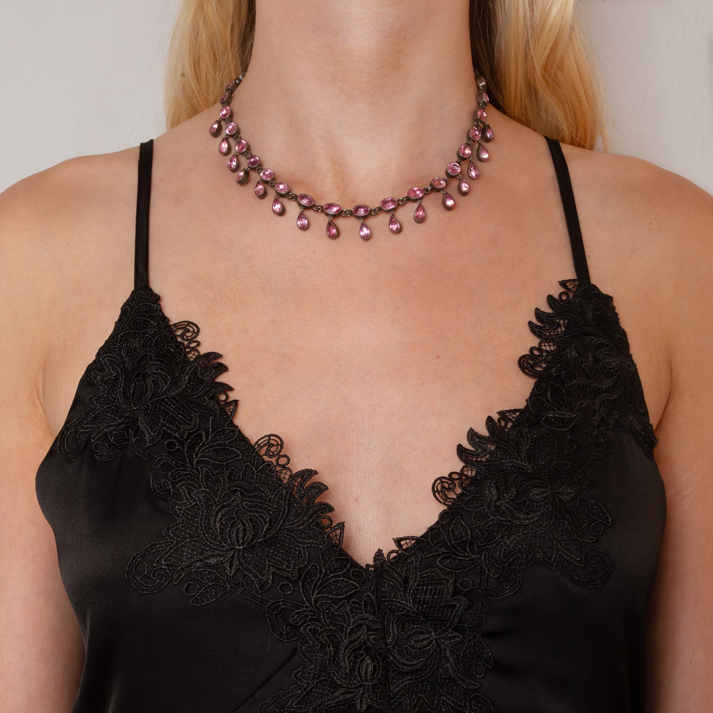 Silver Pink Foil Backed Paste Riviere Necklace