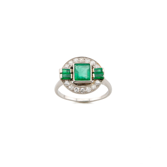 Art Deco-Style 18ct White Gold Emerald and Diamond Target Ring