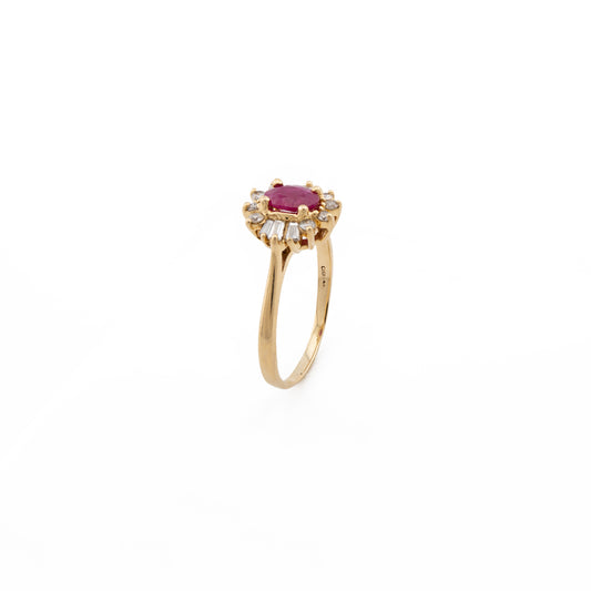 Mid-Century 14kt Yellow Gold Ruby and Diamond Cluster Ring